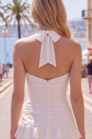 Load image into Gallery viewer, Blue Ruffled Halter Ruched Short Cocktail Dress with 3D Flower