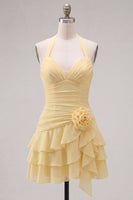 Load image into Gallery viewer, Blue Ruffled Halter Ruched Short Cocktail Dress with 3D Flower