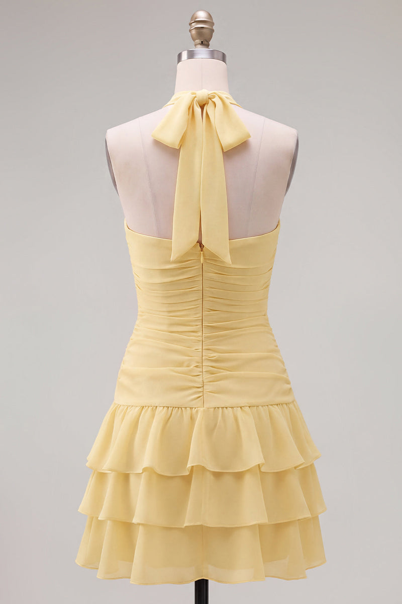 Load image into Gallery viewer, Blue Ruffled Halter Ruched Short Cocktail Dress with 3D Flower