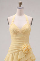 Load image into Gallery viewer, Blue Ruffled Halter Ruched Short Cocktail Dress with 3D Flower