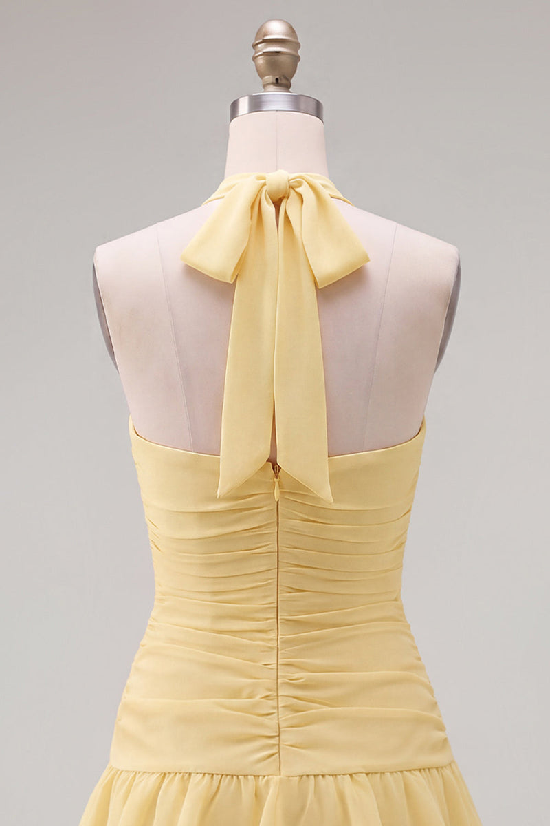 Load image into Gallery viewer, Blue Ruffled Halter Ruched Short Cocktail Dress with 3D Flower