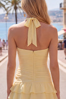 Load image into Gallery viewer, Blue Ruffled Halter Ruched Short Cocktail Dress with 3D Flower