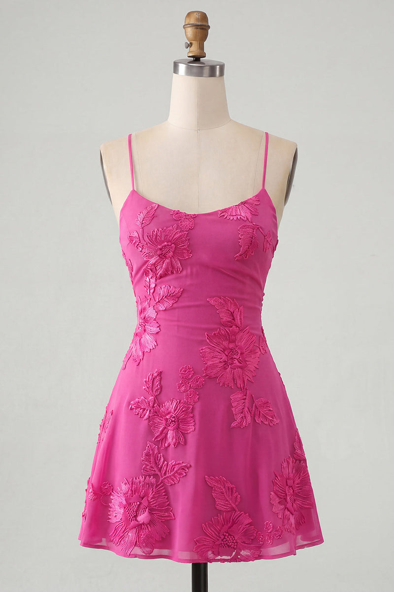 Load image into Gallery viewer, Floral Fuchsia A-Line Spaghetti Straps Short Cocktail Dress