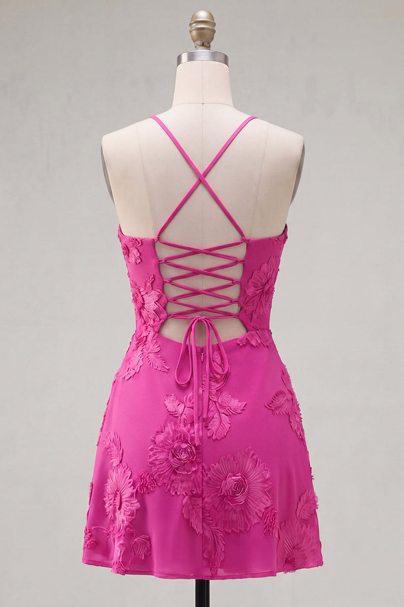 Load image into Gallery viewer, Floral Fuchsia A-Line Spaghetti Straps Short Cocktail Dress