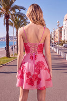Load image into Gallery viewer, Floral Fuchsia A-Line Spaghetti Straps Short Cocktail Dress