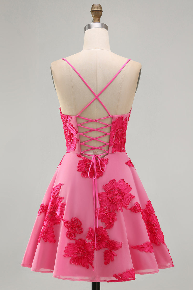 Load image into Gallery viewer, Floral Fuchsia A-Line Spaghetti Straps Short Cocktail Dress