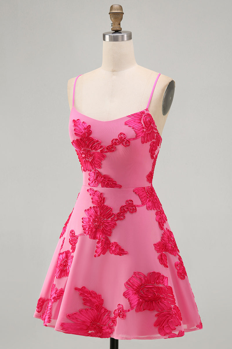 Load image into Gallery viewer, Floral Fuchsia A-Line Spaghetti Straps Short Cocktail Dress