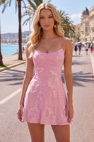 Load image into Gallery viewer, Floral Fuchsia A-Line Spaghetti Straps Short Cocktail Dress