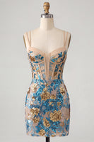 Load image into Gallery viewer, Sparkly Blue Floral Corset Sequin Short Tight Cocktail Dress