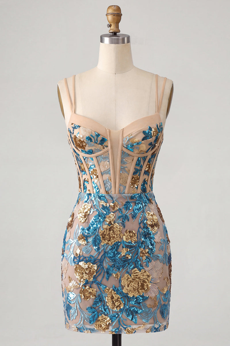Load image into Gallery viewer, Sparkly Blue Floral Corset Sequin Short Tight Cocktail Dress