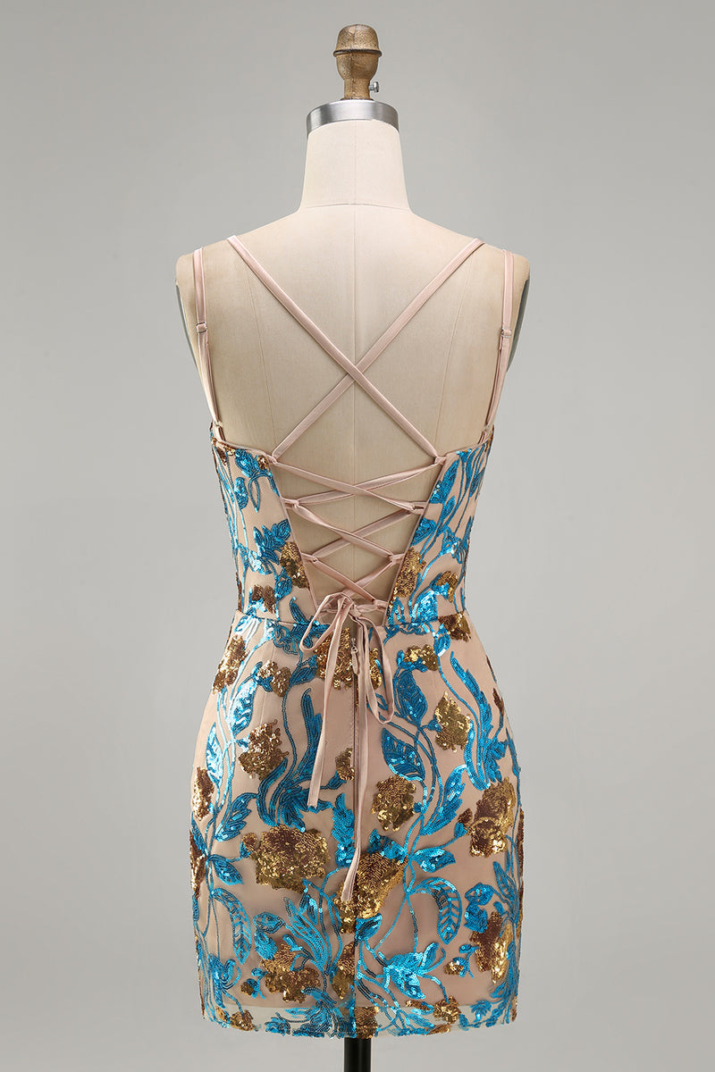 Load image into Gallery viewer, Sparkly Blue Floral Corset Sequin Short Tight Cocktail Dress
