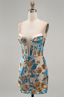 Load image into Gallery viewer, Sparkly Blue Floral Corset Sequin Short Tight Cocktail Dress