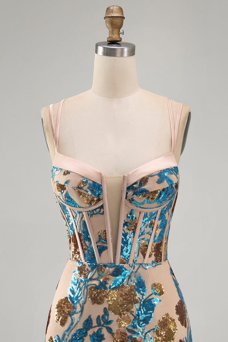 Load image into Gallery viewer, Sparkly Blue Floral Corset Sequin Short Tight Cocktail Dress