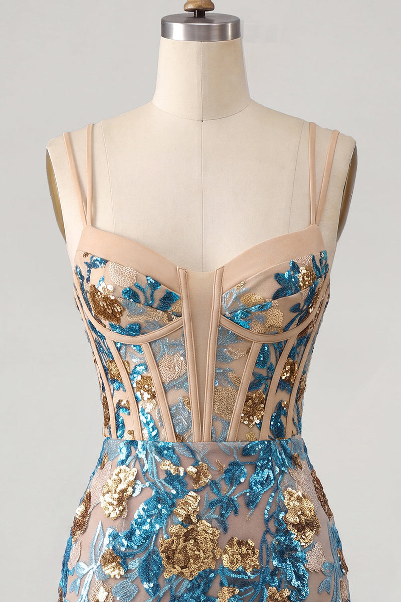 Load image into Gallery viewer, Sparkly Blue Floral Corset Sequin Short Tight Cocktail Dress