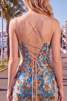 Load image into Gallery viewer, Sparkly Blue Floral Corset Sequin Short Tight Cocktail Dress