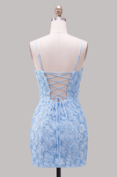 Load image into Gallery viewer, Floral Blue Purple Tight Spaghetti Straps Short Cocktail Dress with Beading