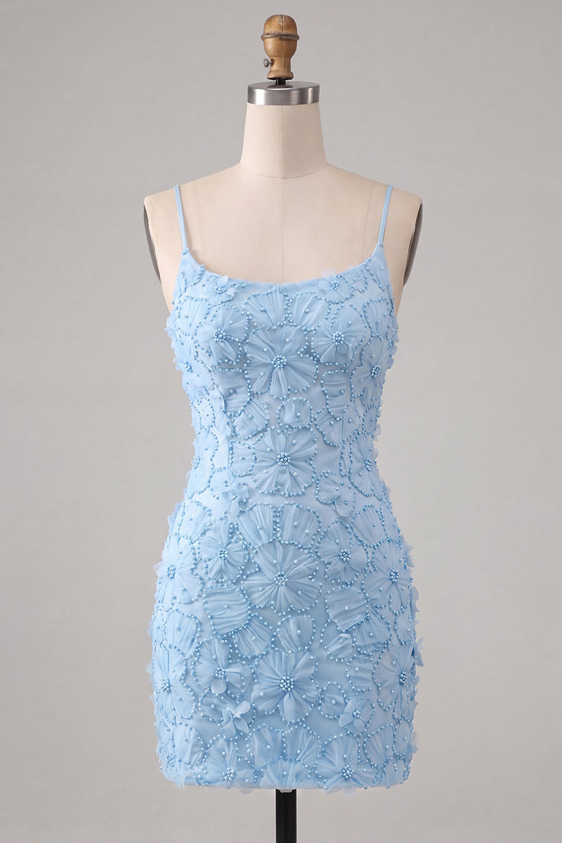 Load image into Gallery viewer, Floral Blue Purple Tight Spaghetti Straps Short Cocktail Dress with Beading