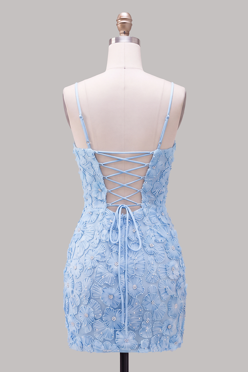 Load image into Gallery viewer, Floral Blue Purple Tight Spaghetti Straps Short Cocktail Dress with Beading