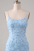 Load image into Gallery viewer, Floral Blue Purple Tight Spaghetti Straps Short Cocktail Dress with Beading