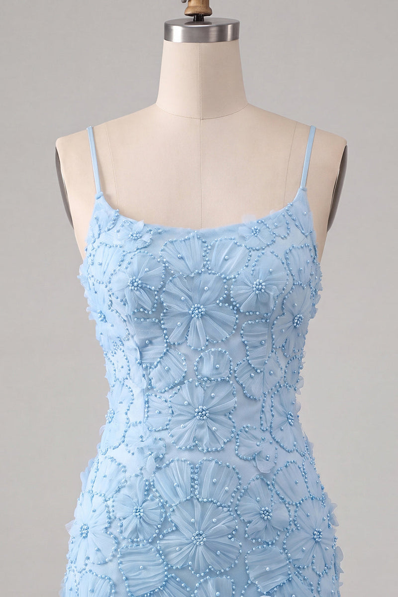 Load image into Gallery viewer, Floral Blue Purple Tight Spaghetti Straps Short Cocktail Dress with Beading