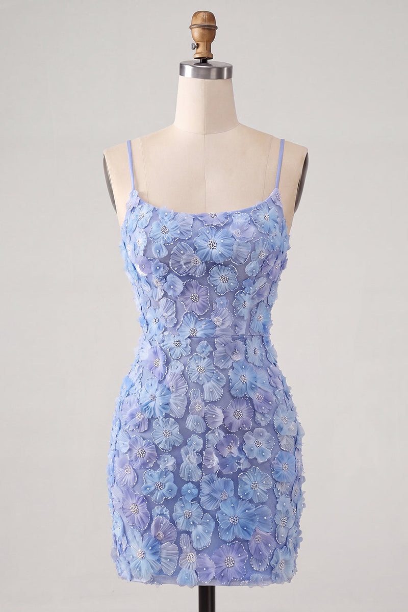 Load image into Gallery viewer, Floral Blue Purple Tight Spaghetti Straps Short Cocktail Dress with Beading