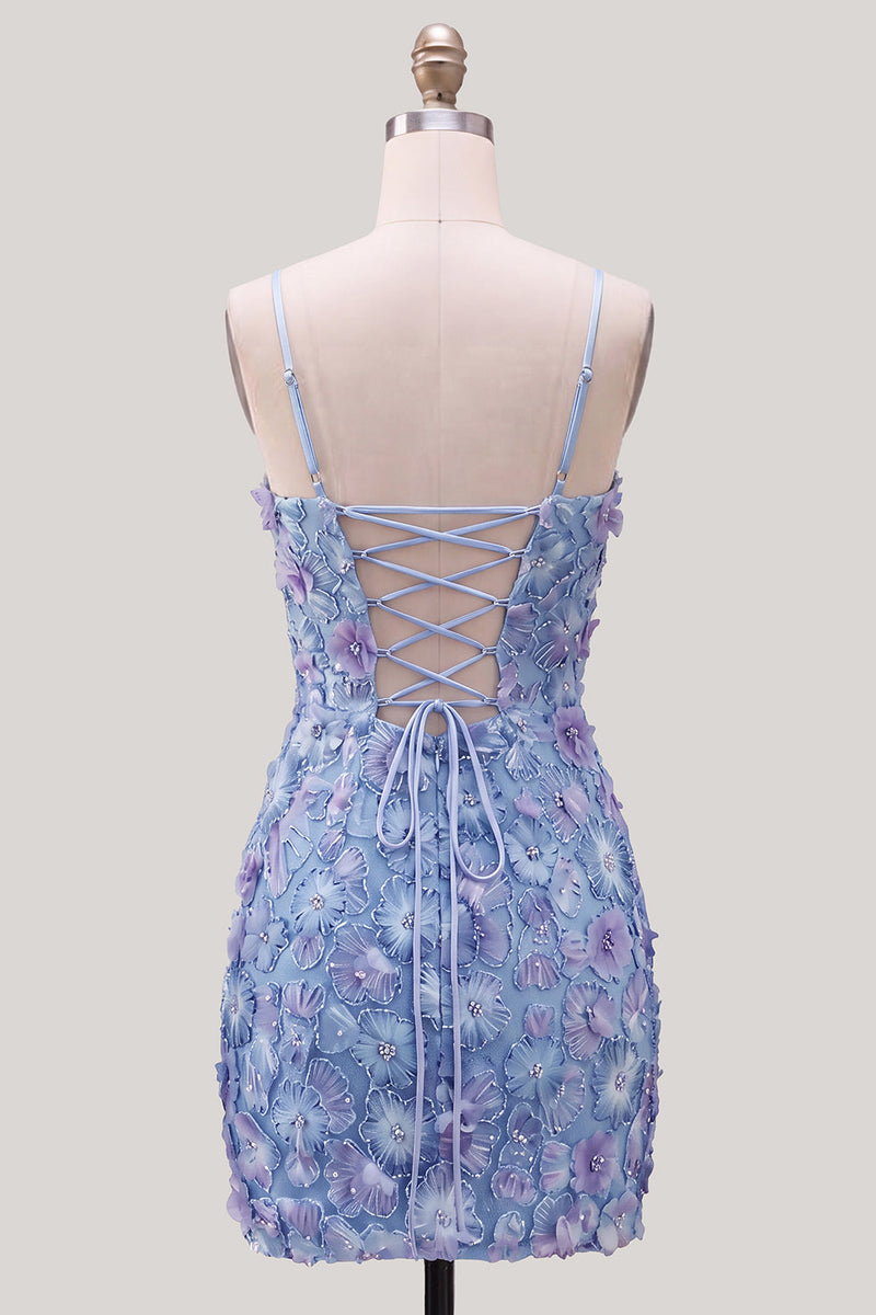 Load image into Gallery viewer, Floral Blue Purple Tight Spaghetti Straps Short Cocktail Dress with Beading