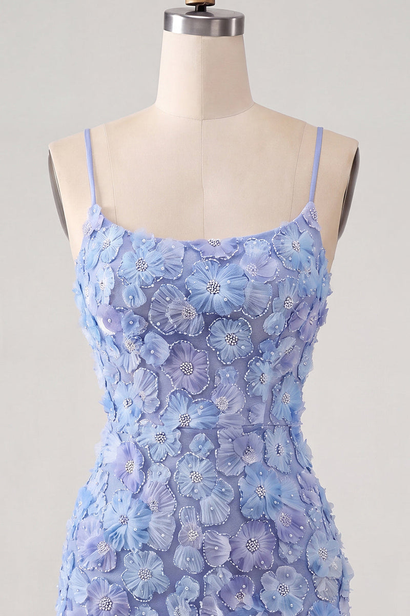 Load image into Gallery viewer, Floral Blue Purple Tight Spaghetti Straps Short Cocktail Dress with Beading