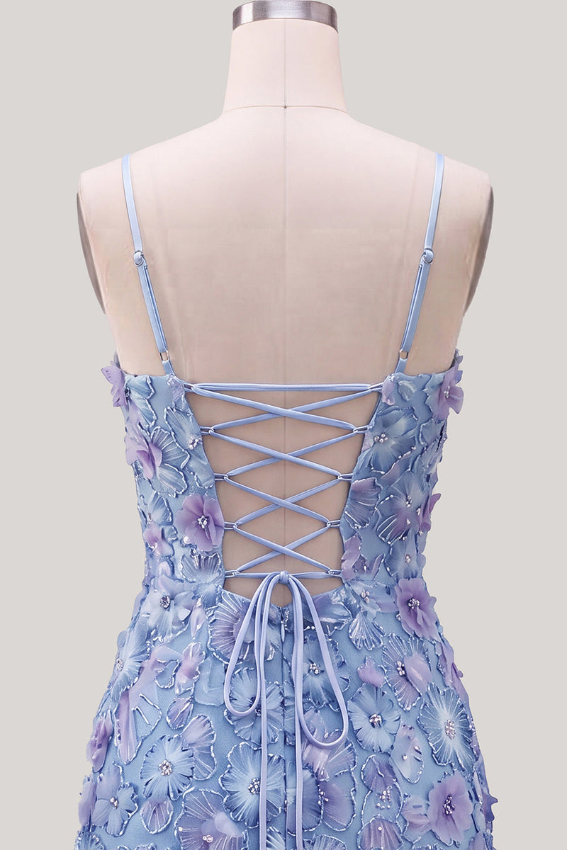 Load image into Gallery viewer, Floral Blue Purple Tight Spaghetti Straps Short Cocktail Dress with Beading
