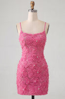 Load image into Gallery viewer, Floral Blue Purple Tight Spaghetti Straps Short Cocktail Dress with Beading