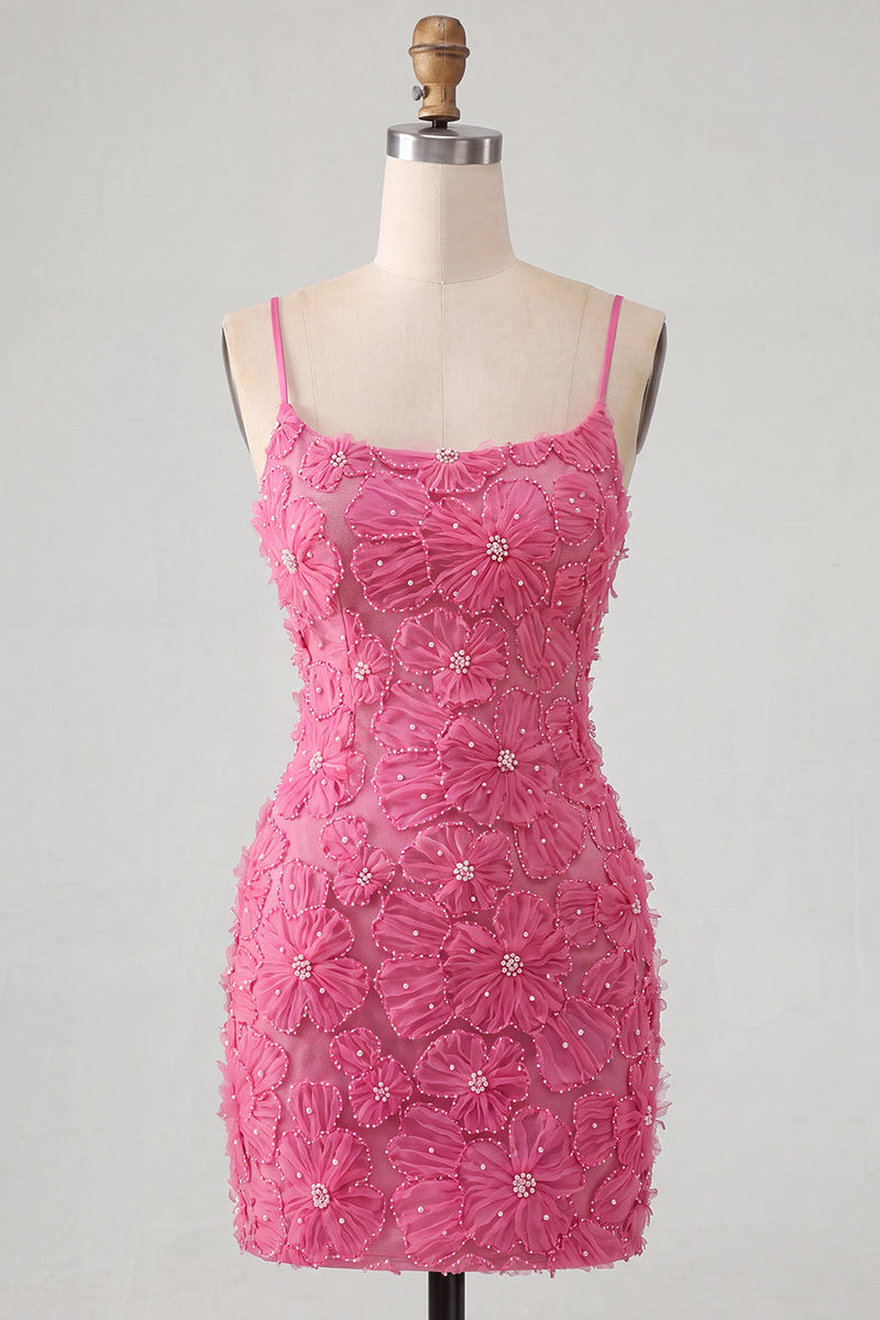 Load image into Gallery viewer, Floral Blue Purple Tight Spaghetti Straps Short Cocktail Dress with Beading