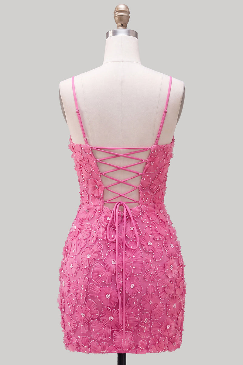 Load image into Gallery viewer, Floral Blue Purple Tight Spaghetti Straps Short Cocktail Dress with Beading