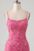 Load image into Gallery viewer, Floral Blue Purple Tight Spaghetti Straps Short Cocktail Dress with Beading