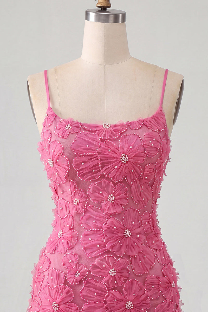 Load image into Gallery viewer, Floral Blue Purple Tight Spaghetti Straps Short Cocktail Dress with Beading