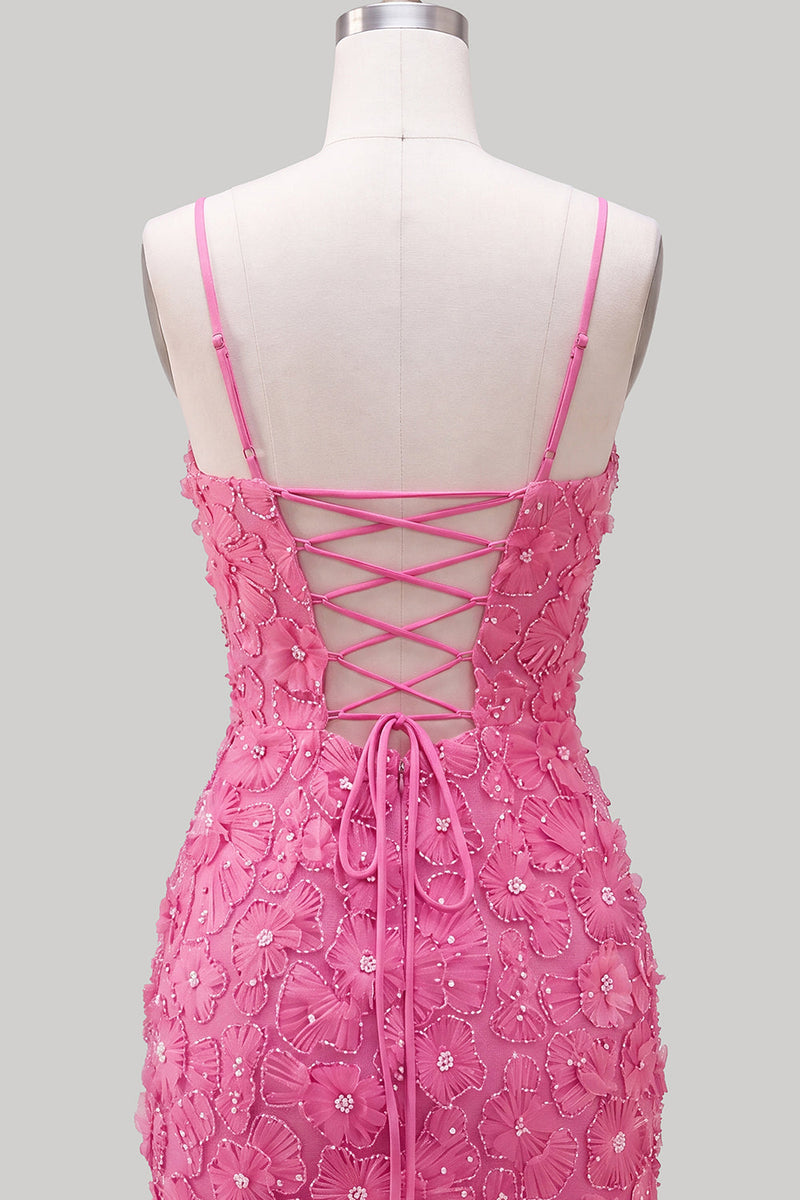 Load image into Gallery viewer, Floral Blue Purple Tight Spaghetti Straps Short Cocktail Dress with Beading