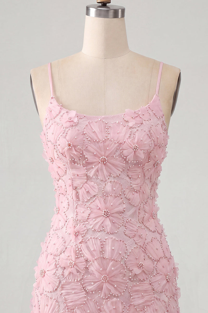 Load image into Gallery viewer, Floral Blue Purple Tight Spaghetti Straps Short Cocktail Dress with Beading