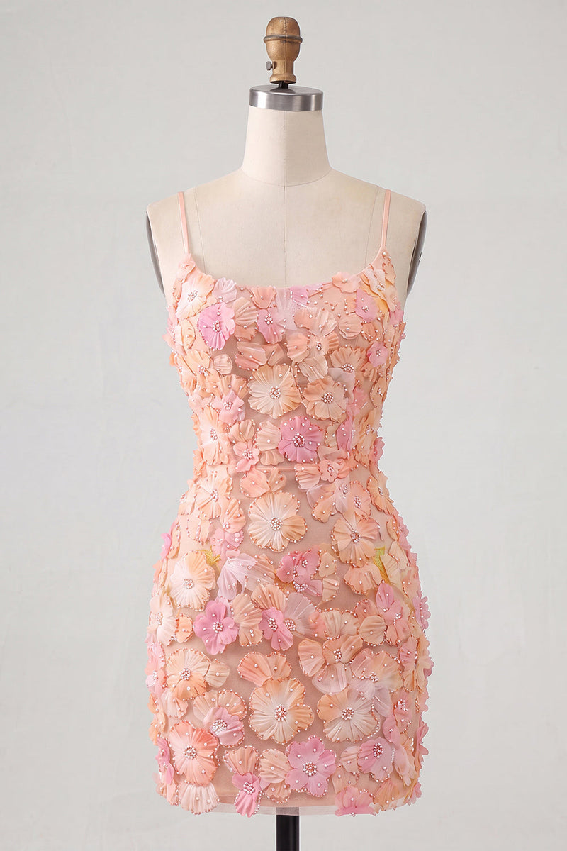 Load image into Gallery viewer, Floral Blue Purple Tight Spaghetti Straps Short Cocktail Dress with Beading