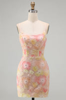 Load image into Gallery viewer, Floral Blue Purple Tight Spaghetti Straps Short Cocktail Dress with Beading