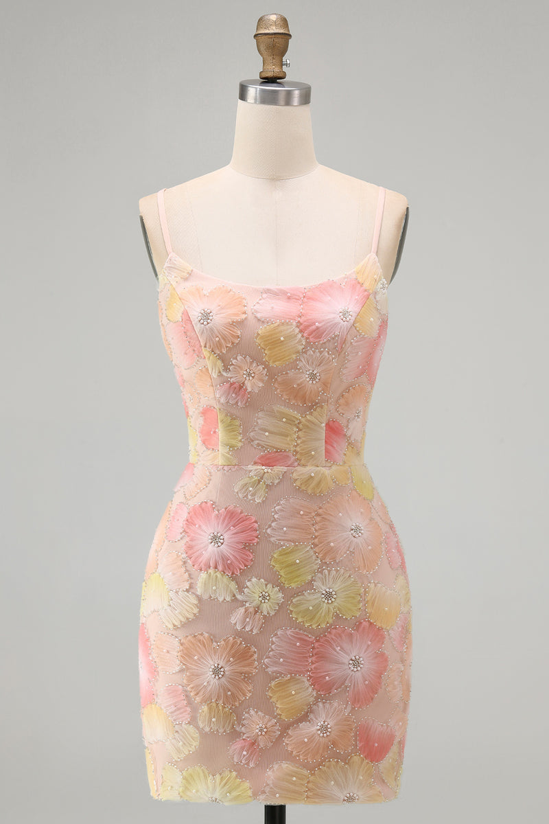 Load image into Gallery viewer, Floral Blue Purple Tight Spaghetti Straps Short Cocktail Dress with Beading