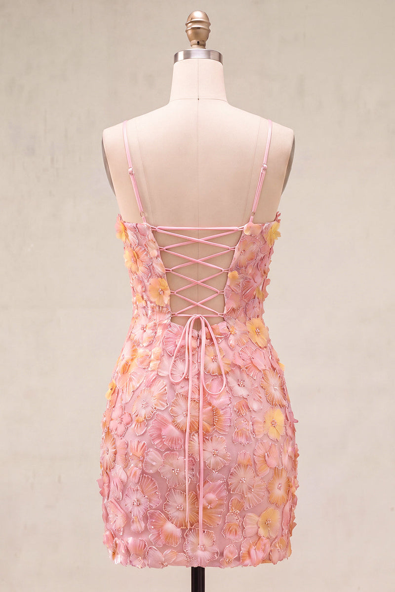 Load image into Gallery viewer, Floral Blue Purple Tight Spaghetti Straps Short Cocktail Dress with Beading