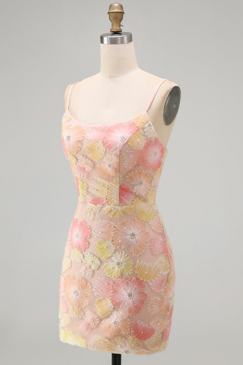 Load image into Gallery viewer, Floral Blue Purple Tight Spaghetti Straps Short Cocktail Dress with Beading