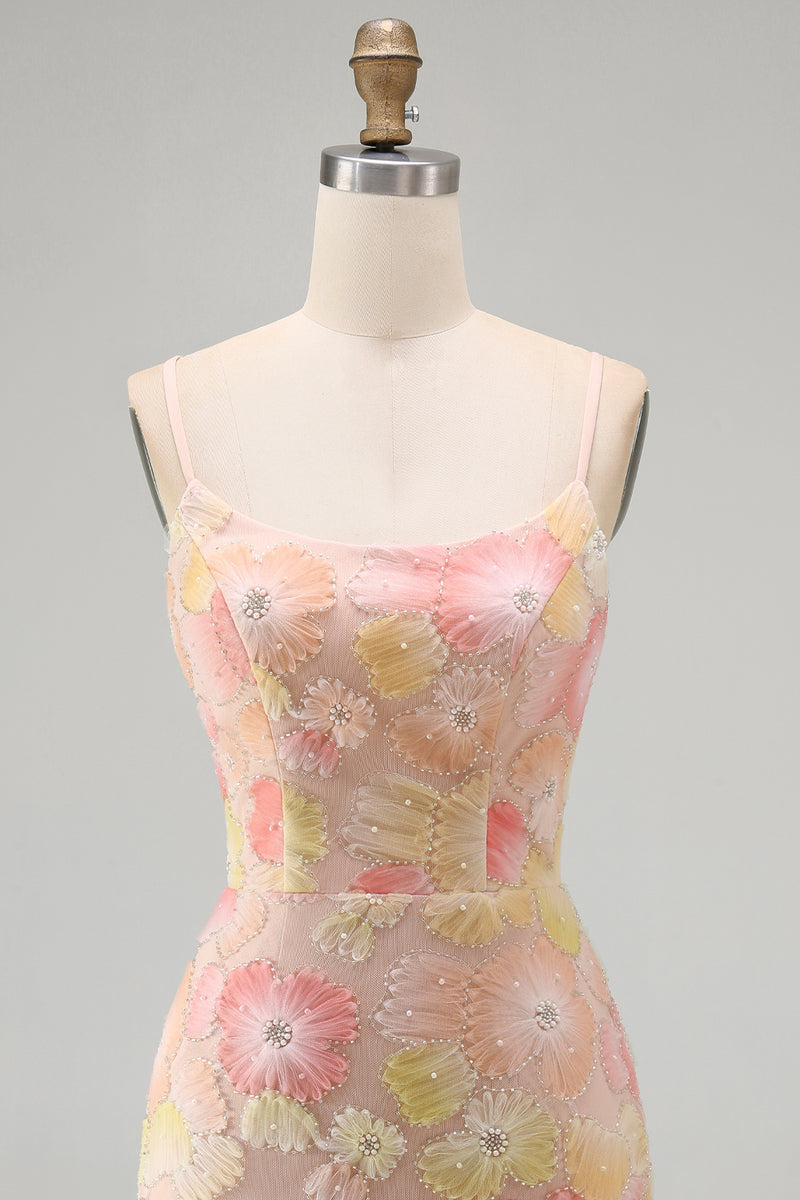 Load image into Gallery viewer, Floral Blue Purple Tight Spaghetti Straps Short Cocktail Dress with Beading