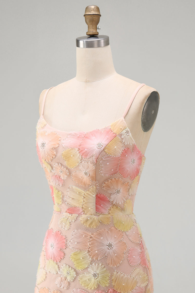 Load image into Gallery viewer, Floral Blue Purple Tight Spaghetti Straps Short Cocktail Dress with Beading