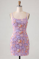Load image into Gallery viewer, Floral Blue Purple Tight Spaghetti Straps Short Cocktail Dress with Beading