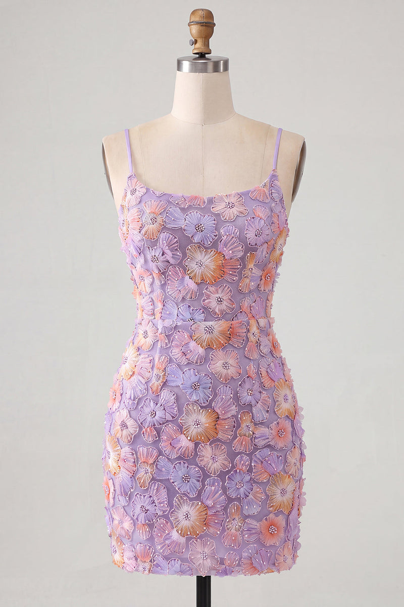 Load image into Gallery viewer, Floral Blue Purple Tight Spaghetti Straps Short Cocktail Dress with Beading