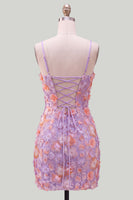 Load image into Gallery viewer, Floral Blue Purple Tight Spaghetti Straps Short Cocktail Dress with Beading