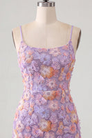 Load image into Gallery viewer, Floral Blue Purple Tight Spaghetti Straps Short Cocktail Dress with Beading