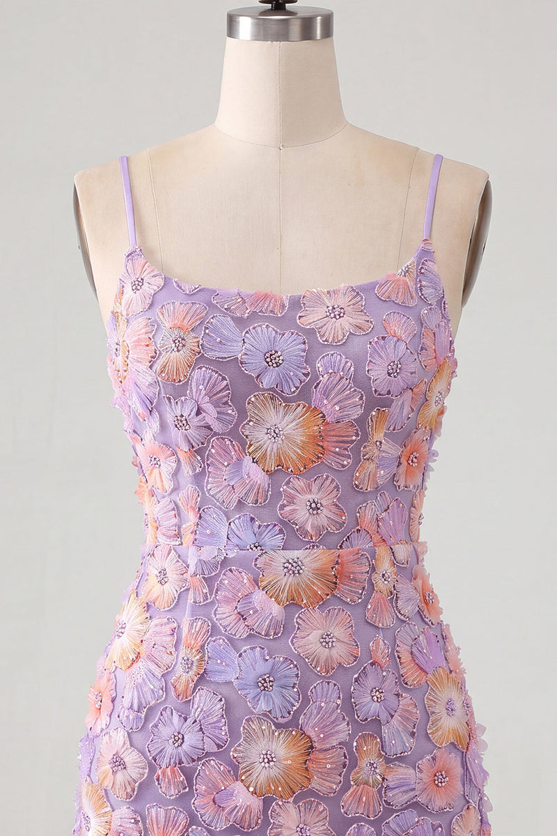 Load image into Gallery viewer, Floral Blue Purple Tight Spaghetti Straps Short Cocktail Dress with Beading
