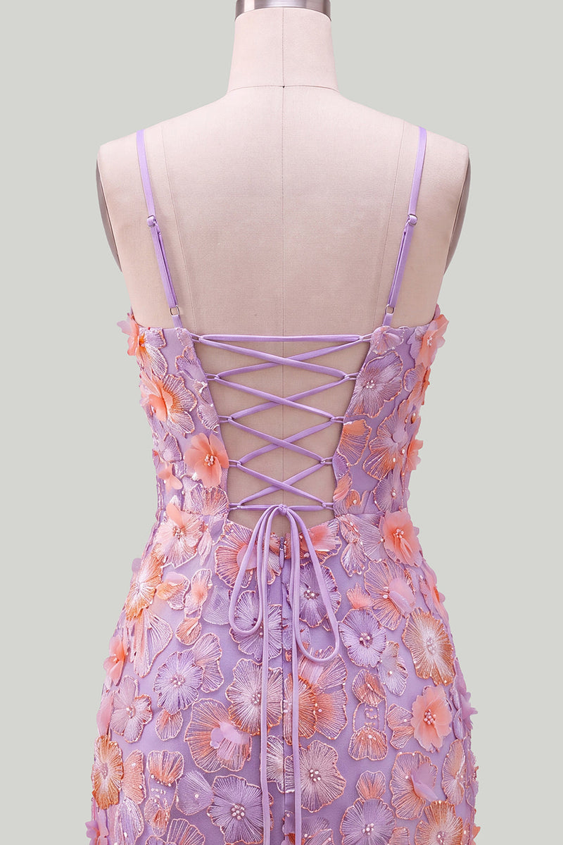 Load image into Gallery viewer, Floral Blue Purple Tight Spaghetti Straps Short Cocktail Dress with Beading