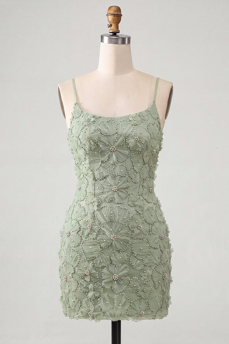 Load image into Gallery viewer, Floral Blue Purple Tight Spaghetti Straps Short Cocktail Dress with Beading