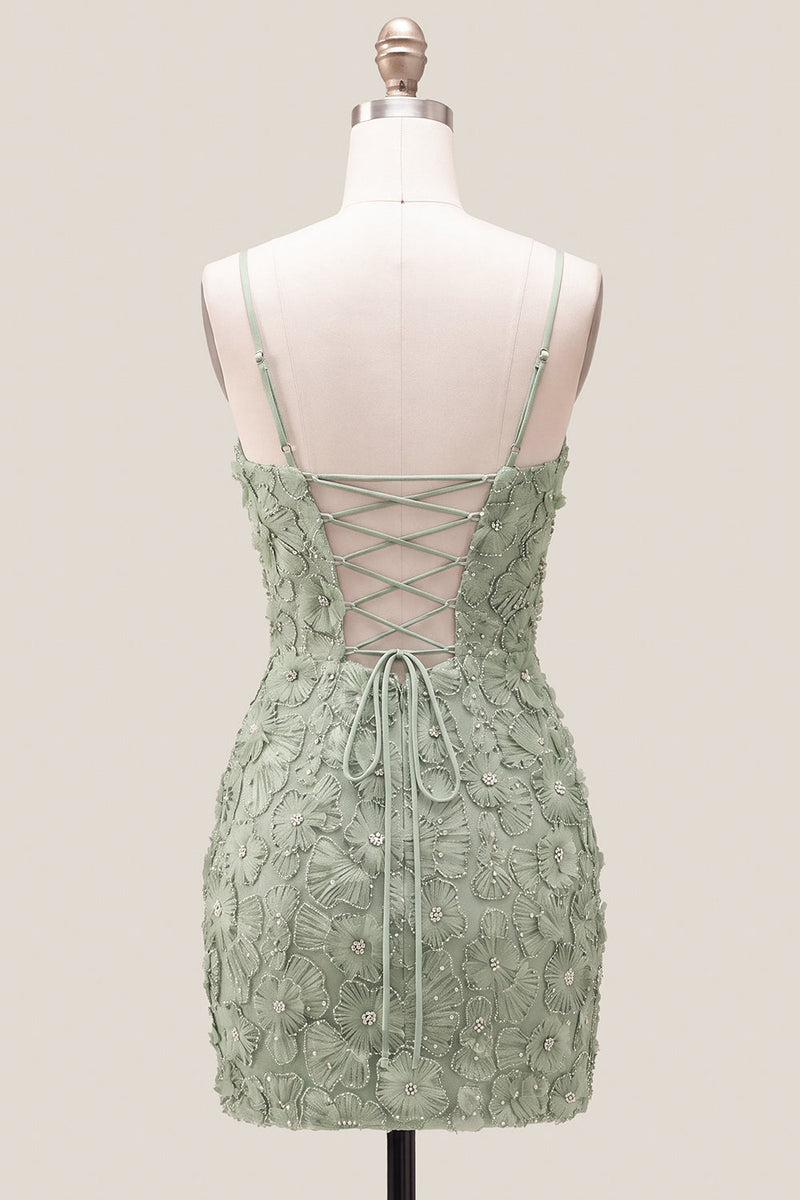 Load image into Gallery viewer, Floral Blue Purple Tight Spaghetti Straps Short Cocktail Dress with Beading